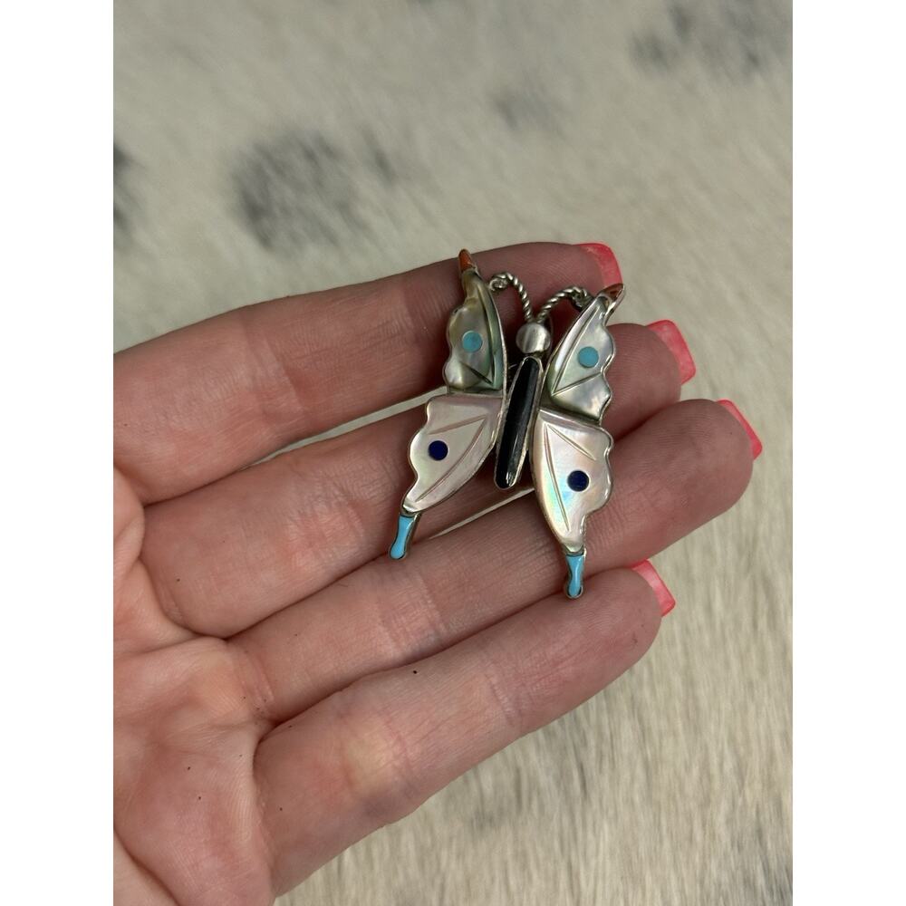 Zuni Sterling Silver VE inlay Butterfly Pendant Pin Turquoise Coral Shell Onyx